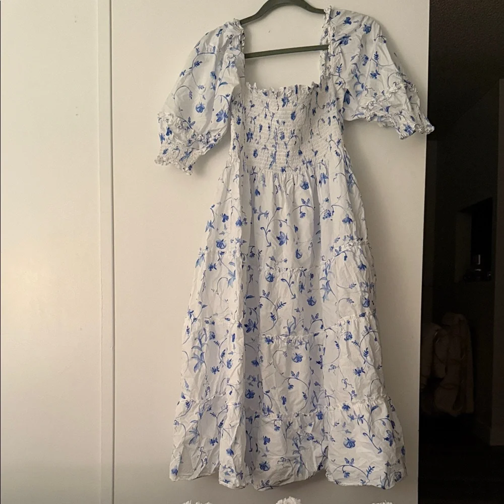 Hill House White Midi Dress with Blue Floral Print